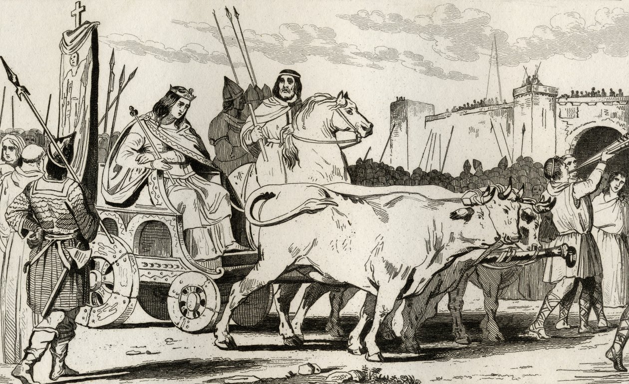 Clovis III (682-95) i en vogn trukket av okser, med Pepin II av Herstal (ca. 714) Riding Alongside Him, fra 