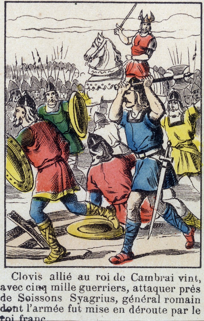 Clovis, alliert med kongen av Cambrai, kom, med 5000 krigere, for å angripe nær Soissons Syagrius, den romerske generalen, hvis hær ble beseiret av den frankiske kongen. av French School