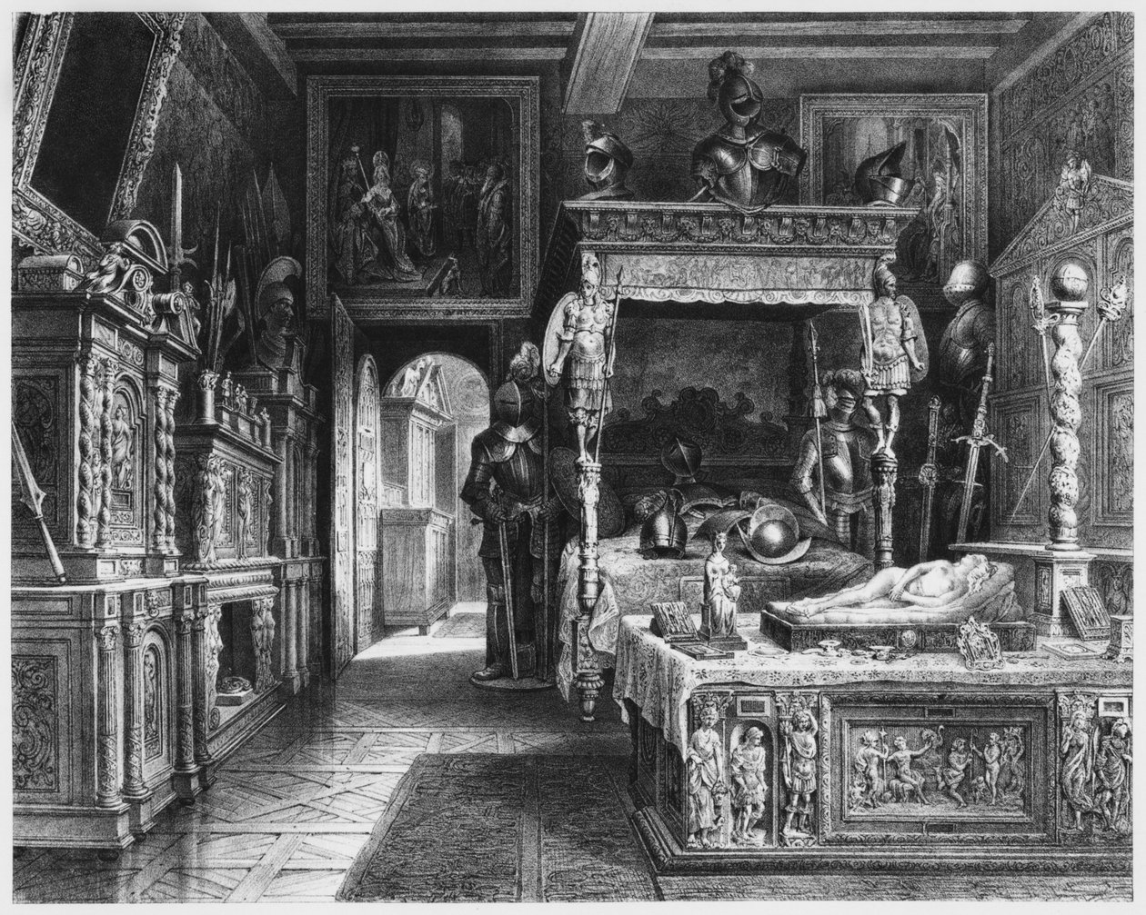 Cluny Hotel and Museum, rom til Francois I, Paris, illustrasjon fra Atlas, Les Arts du Moyen Age... av Alexandre du Sommerard (1779-1842) 1840 av French School