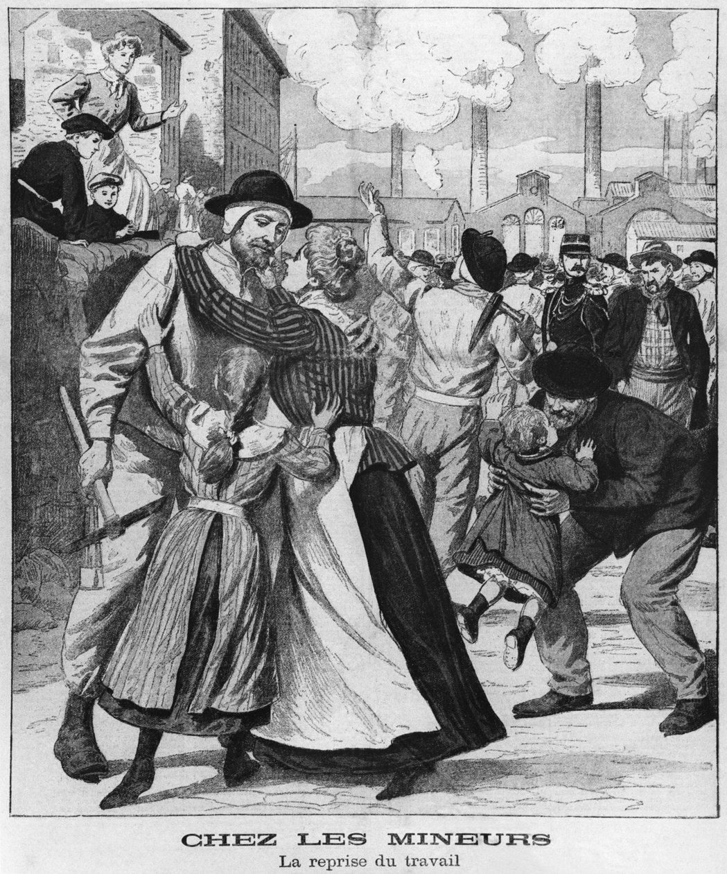 Kullgruvearbeidere går tilbake til jobb, illustrasjon fra Le Petit Journal, tidlig på 1900-tallet av French School