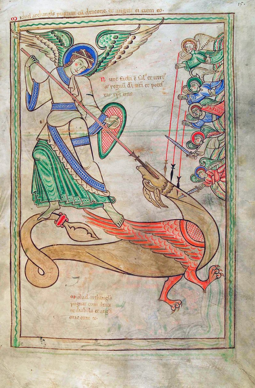 Torsk. Guelf. 1 Gud. lat. 15r, Saint Michael Fighting the Dragon, fra Liber Floridus av Lambert de Saint-Omer c.1120 av French School
