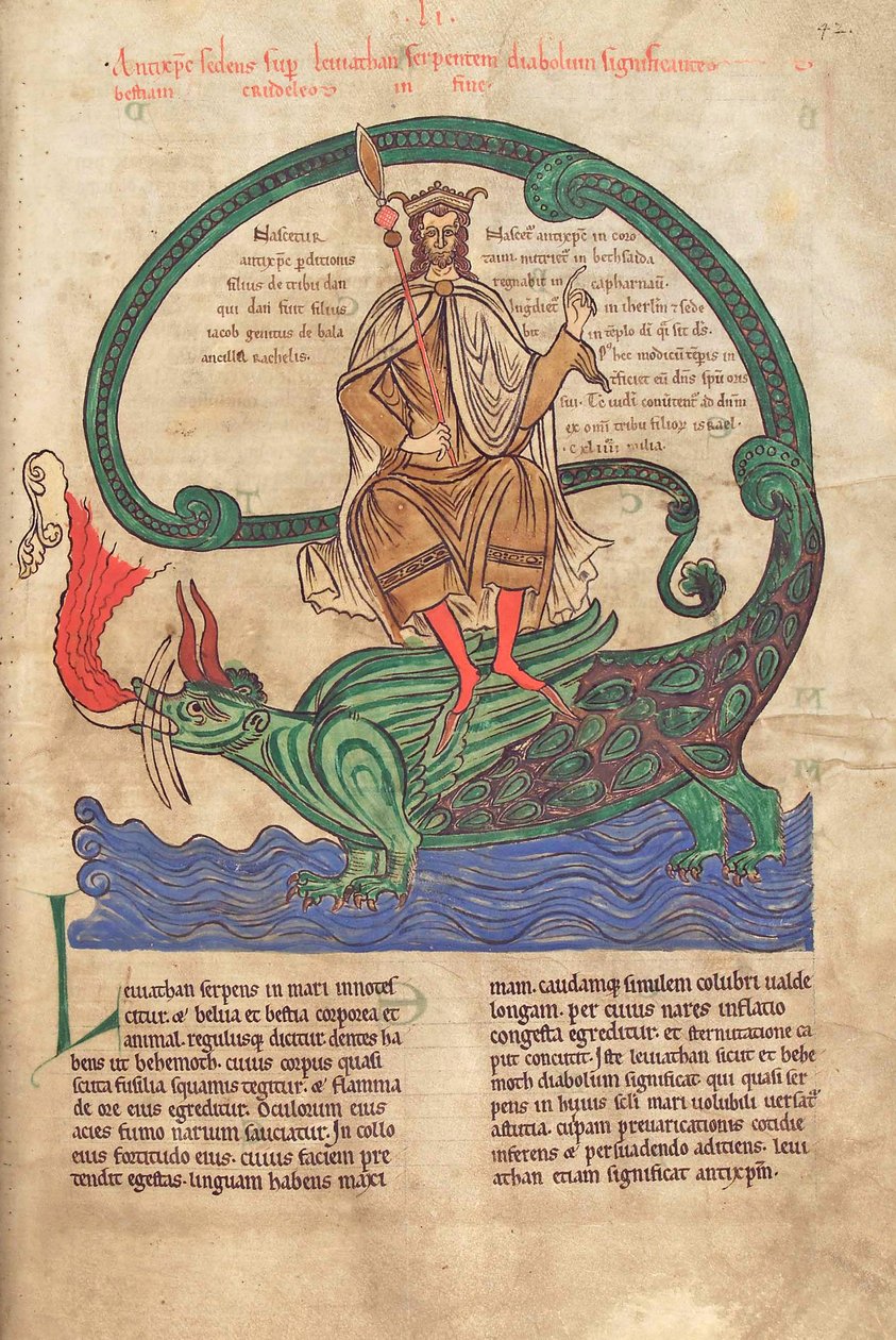 Torsk. Guelf. 1 Gud. lat. 42r, Antichrist riding Leviathan, fra Liber Floridus av Lambert de Saint-Omer c.1120 av French School