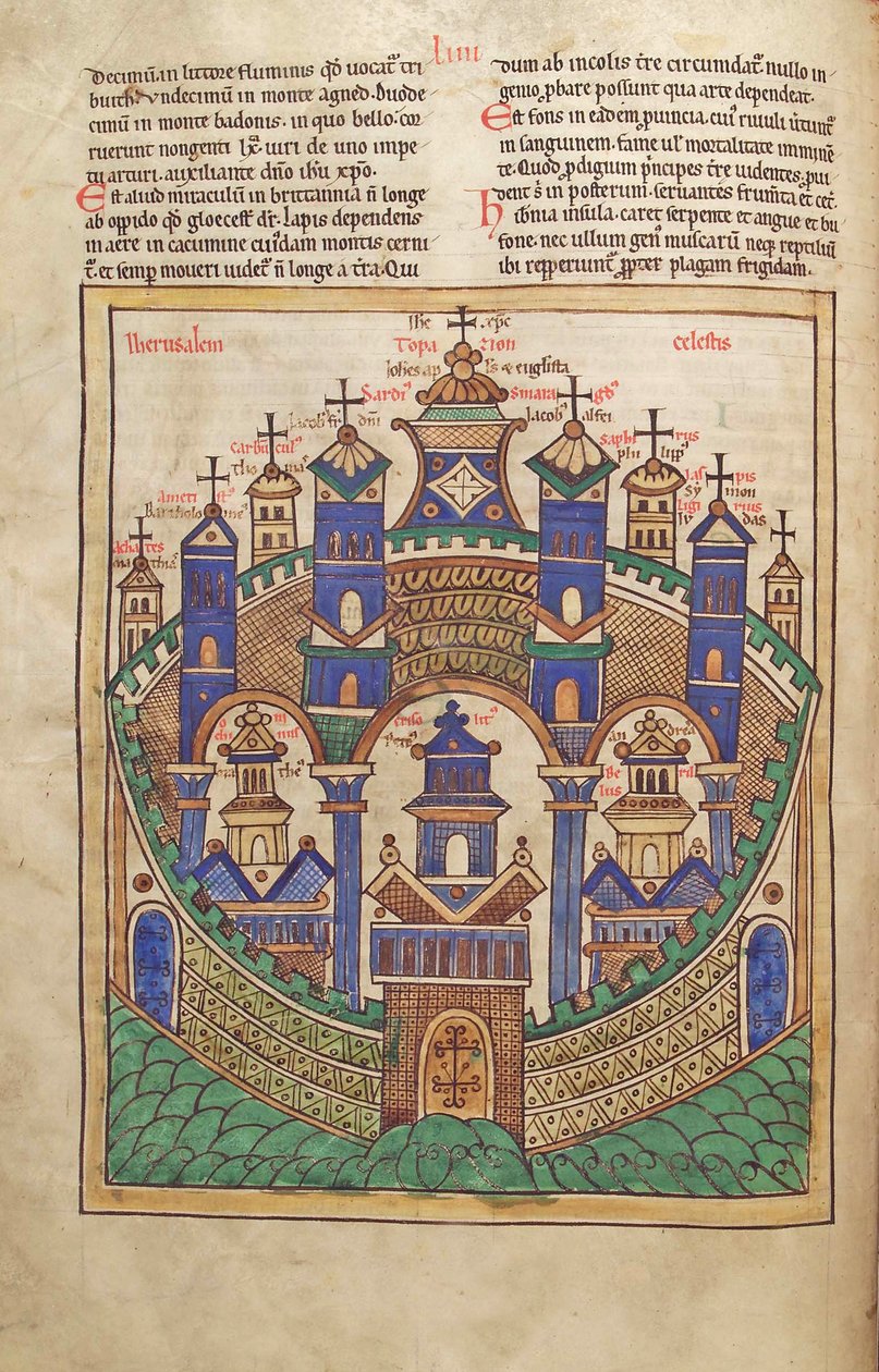Torsk. Guelf. 1 Gud. lat. 43v, Plan for Celestial Jerusalem, fra Liber Floridus av Lambert de Saint-Omer c.1120 av French School
