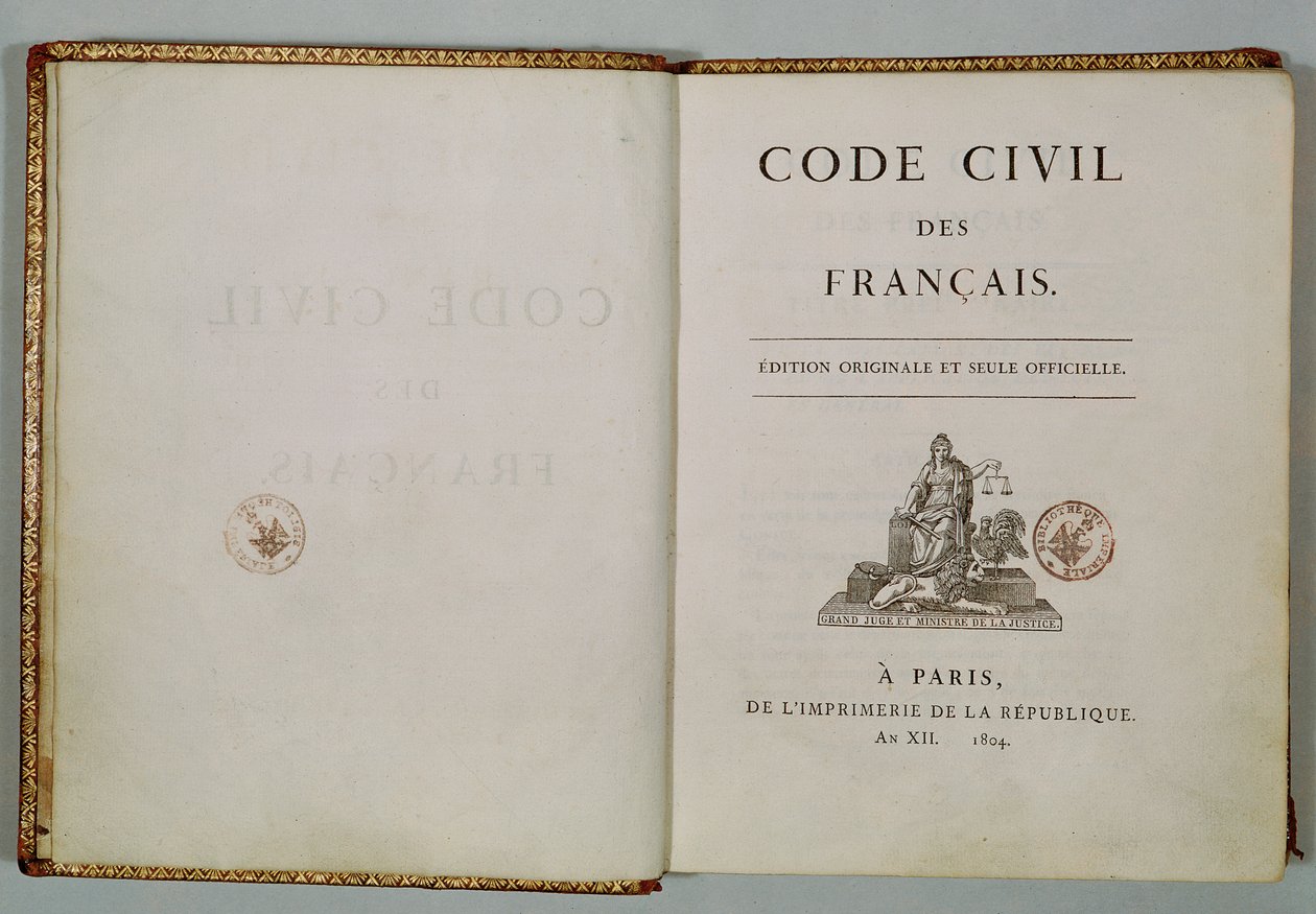 Code Civil, åpen på tittelsiden, 1804 av French School