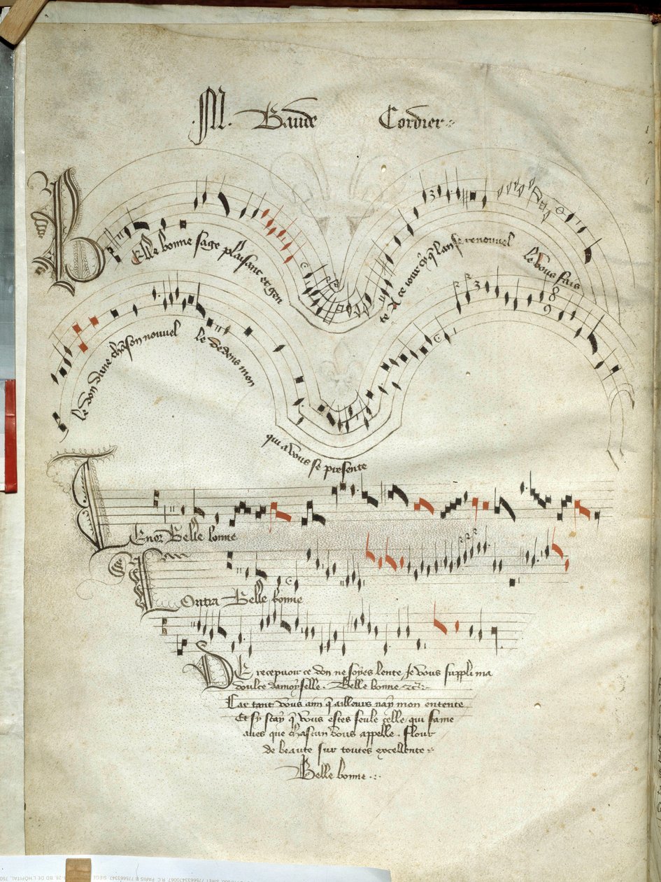 Samling av ballader, motetter og sanger Musikalsk side med svarte og blårøde toner av Baude Cordier (1380-1440), noteark fra begynnelsen av 1400-tallet. Chantilly, Conde-museet av French School