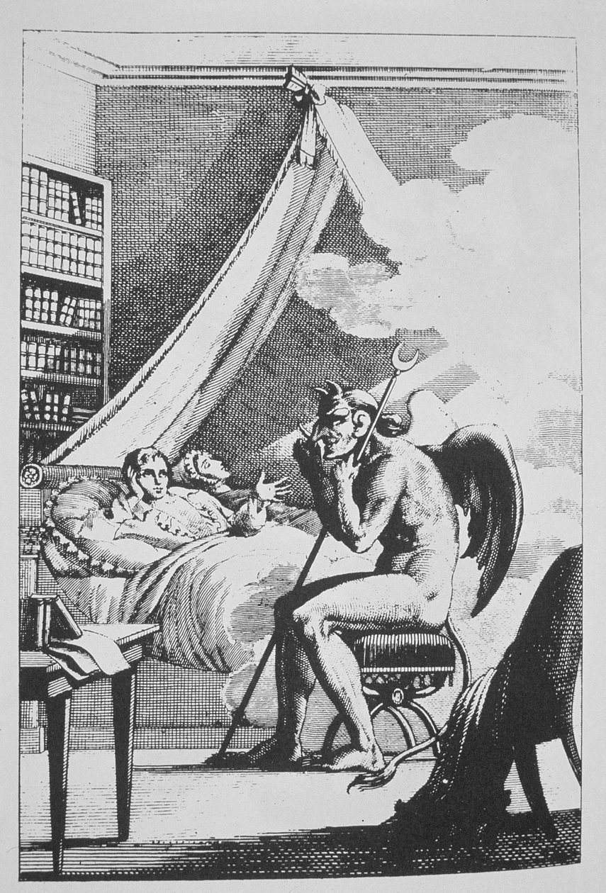 Collin de Plancy (1793-1887) i samtale med djevelen, fra Le Diable Peint par Lui-meme (1825) illustrert i en magisk historie publisert sent på 1800-tallet av French School