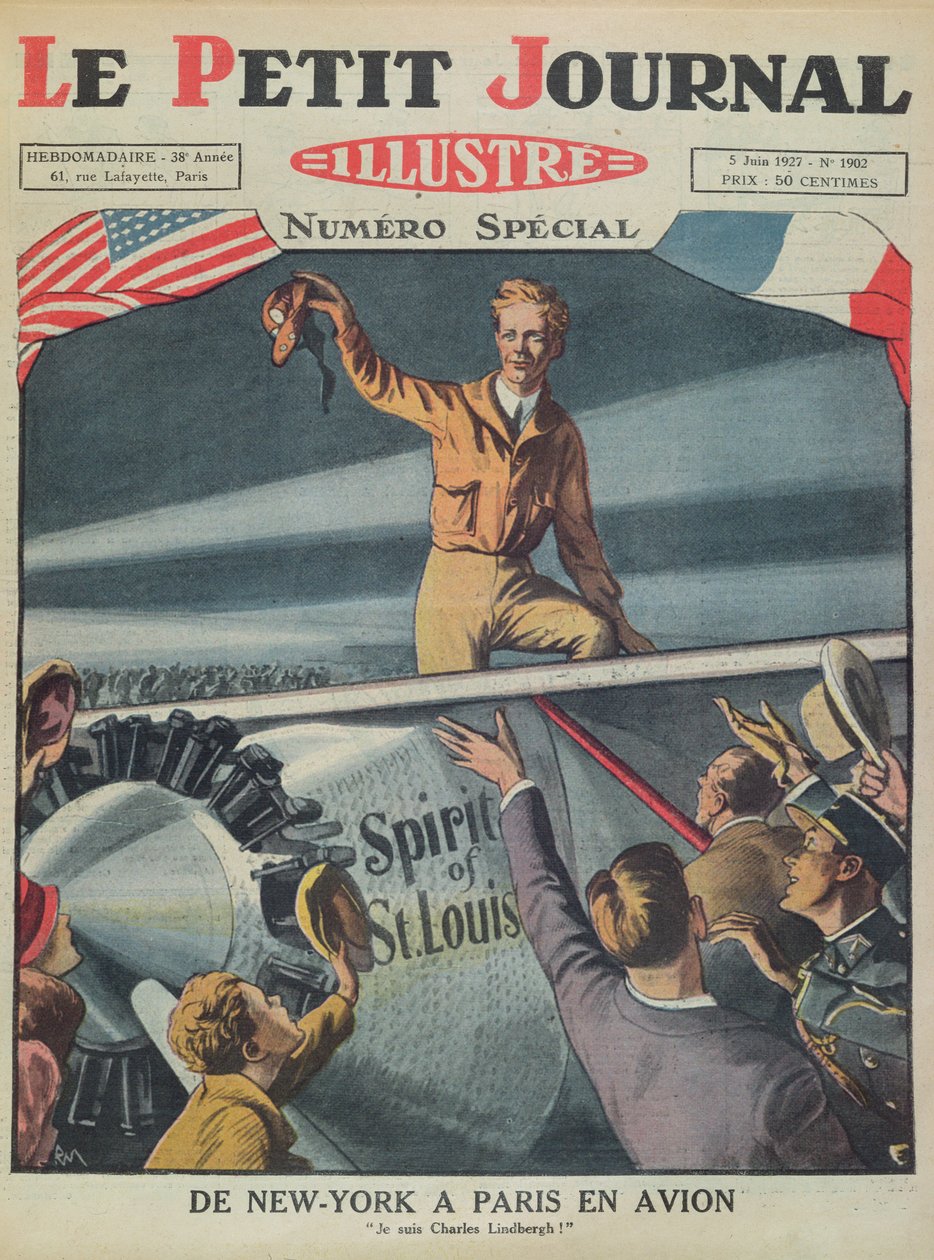 Oberst Charles Lindbergh (1902-74) ved ankomst til Le Bourget flyplass etter den første transatlantiske flyturen fra New York til Paris 21. mai 1927, forside av Le Petit Journal, 5. juni 1927 (kol. av French School