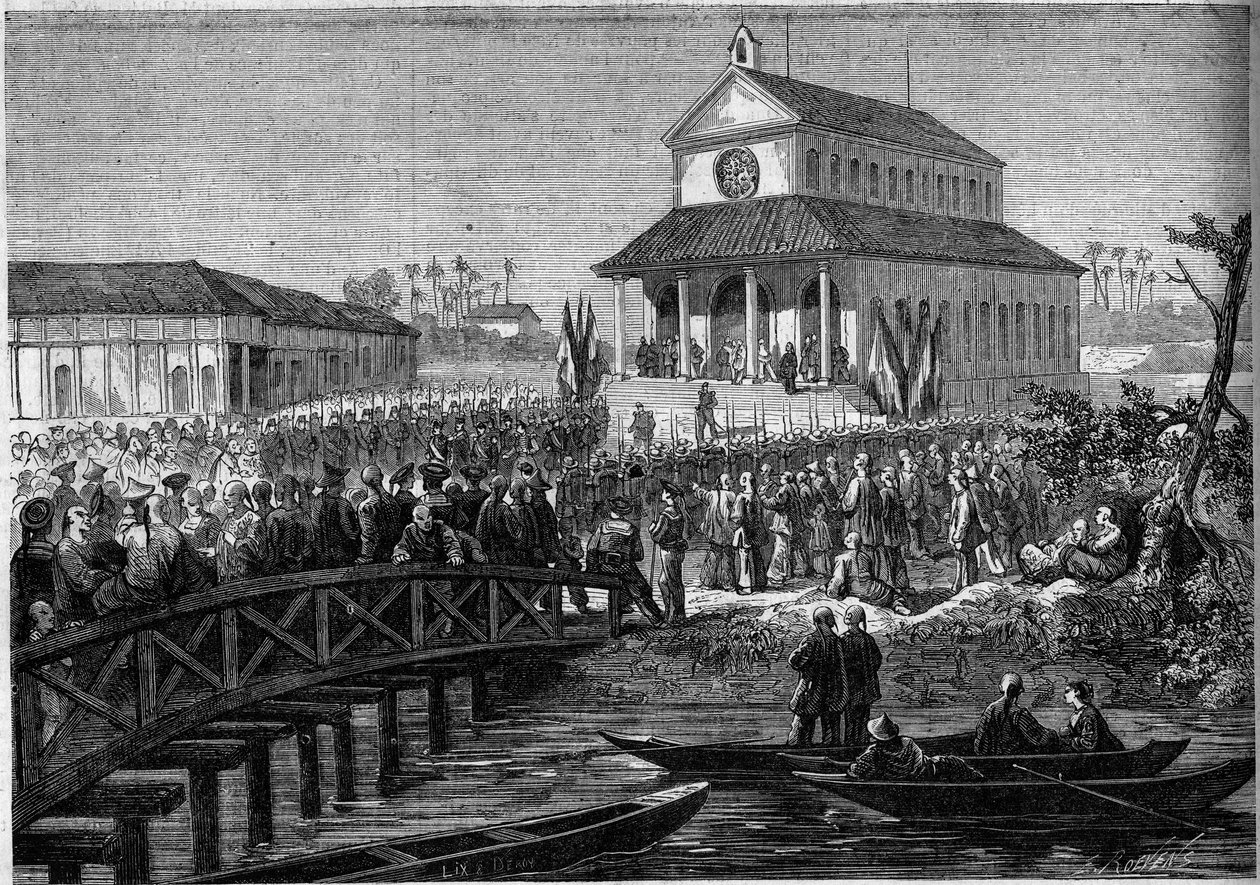 Colonialism: inauguration of the cathedral built in Saigon by France. Indochina (Vietnam) av French School