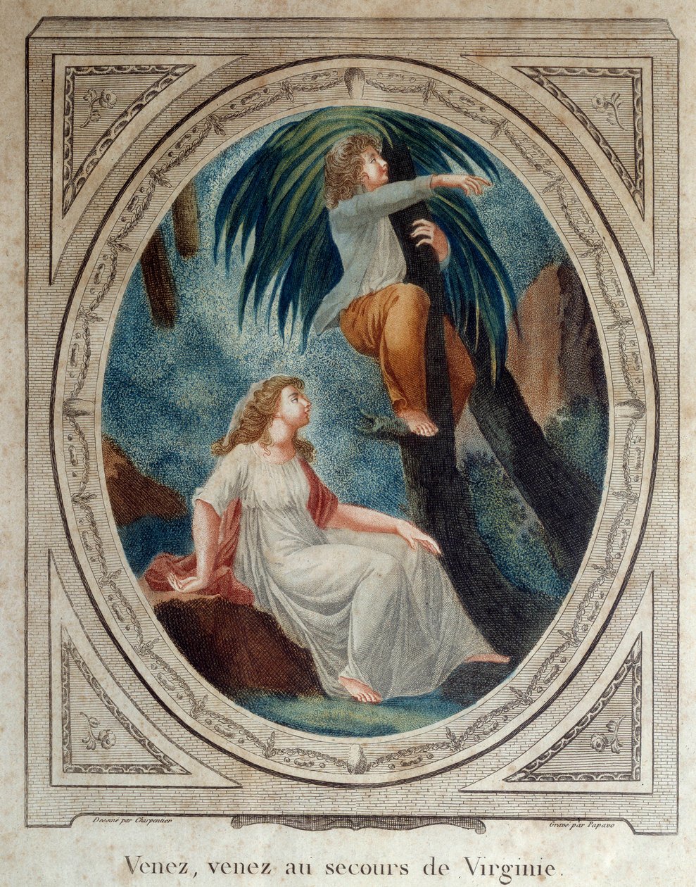 Kom igjen, hjelp Virginia. Illustrasjon til romanen "Paul and Virginie" av Bernardin de Saint Pierre (1737-1814). Gravering fra 1790. La Rochelle, New World Museum av French School
