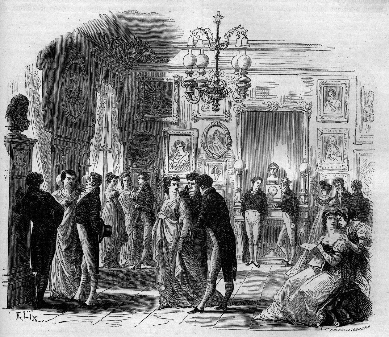 Comedie Francaise: utsikt over kunstnernes foaje med komikerne Francois-Joseph (Francois Joseph) Talma (1763-1826) og Anne Boutet, dit Mademoiselle Mars (1779 - 1847), fransk komiker. Gravering fra 1867-1868. av French School