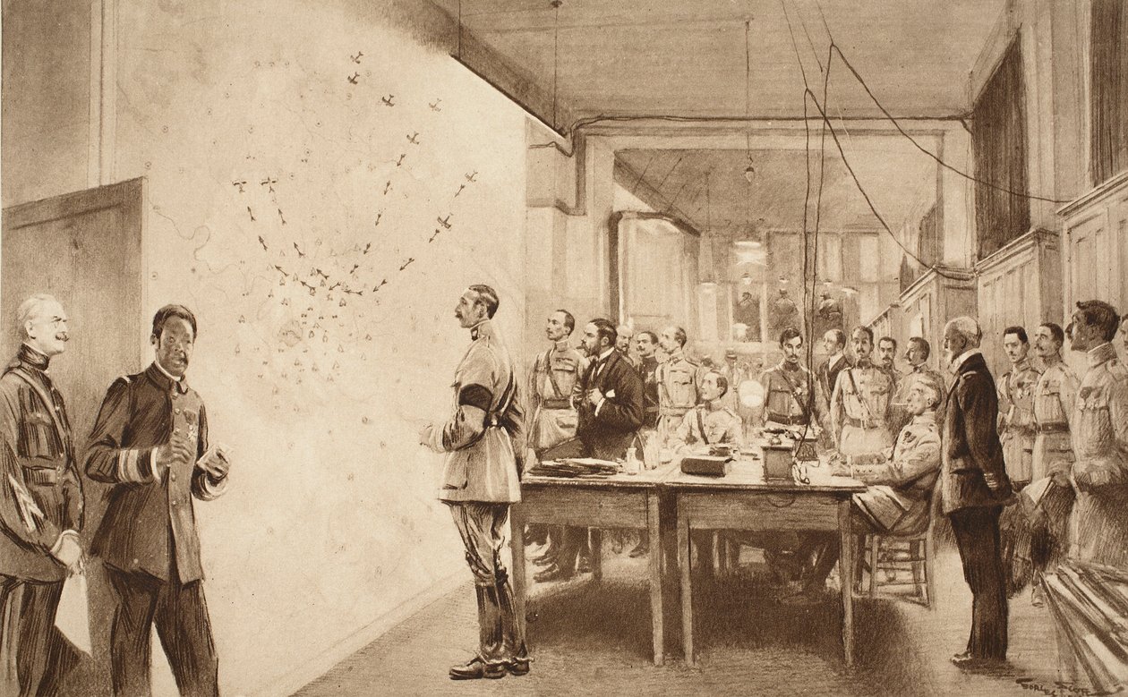 Kommandant og stab ved det franske luftfartsdepartementet som markerte fremgangen til et Gotha-raid på Paris, 1914-19 av French School