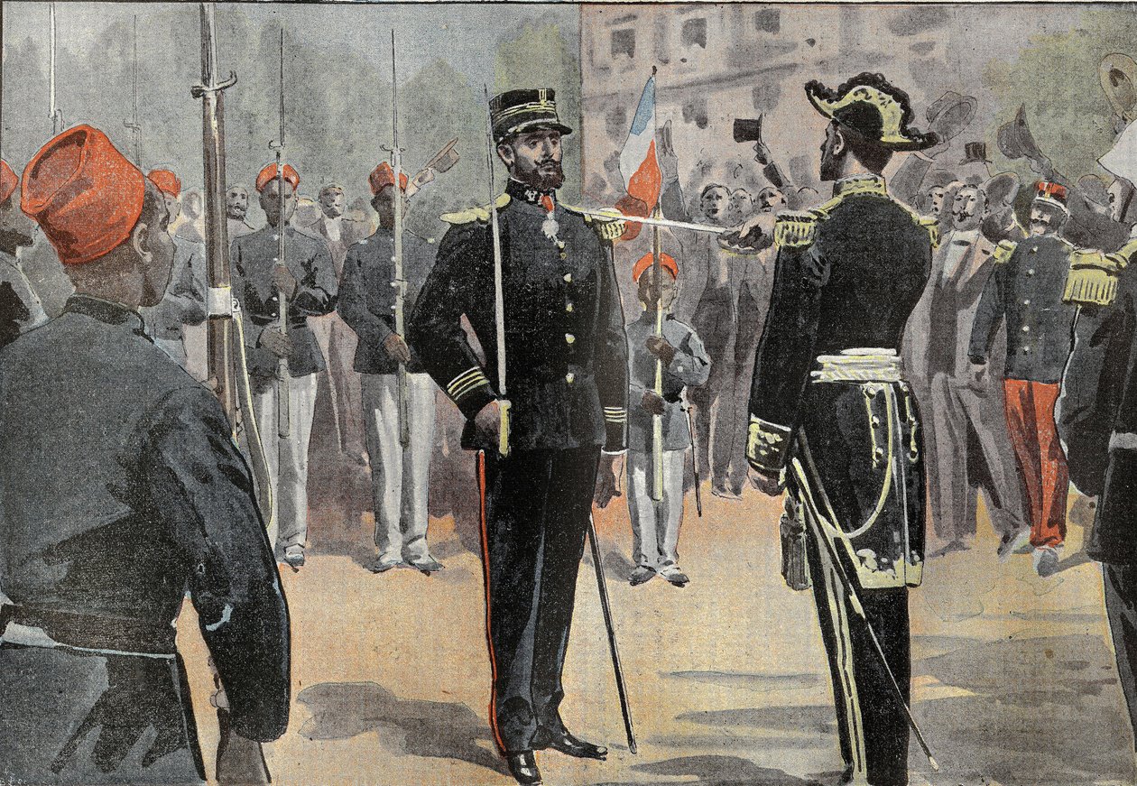 Kommandør Jean-Baptiste Marchand (1863-1934) mottok slipset som kommandør for Æreslegionen, 30. mai 1899 i Toulon, fra hendene til admiral de La Jaille (1836-1925), omringet senegalesiske ryttere av det afrikanske leteoppdraget (Misjonsmarsj av French School