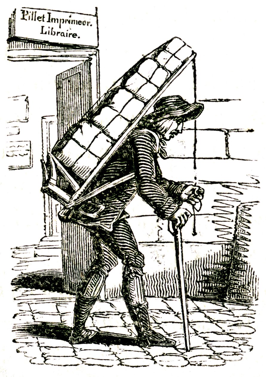 Kommisjonær (kurér) på 1800-tallet forlot bokhandleren Pillet i Paris, bærende på en last med bøker av French School