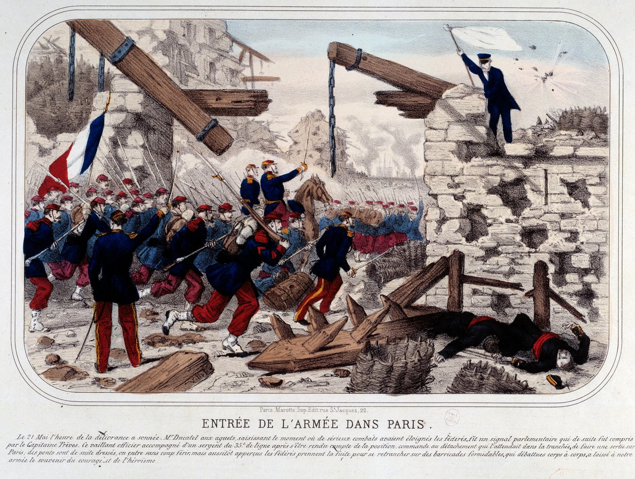 Commune de Paris: Entrement av Versaillaise Armee i Paris. Gravering 1871. Paris, Musee Carnavalet av French School