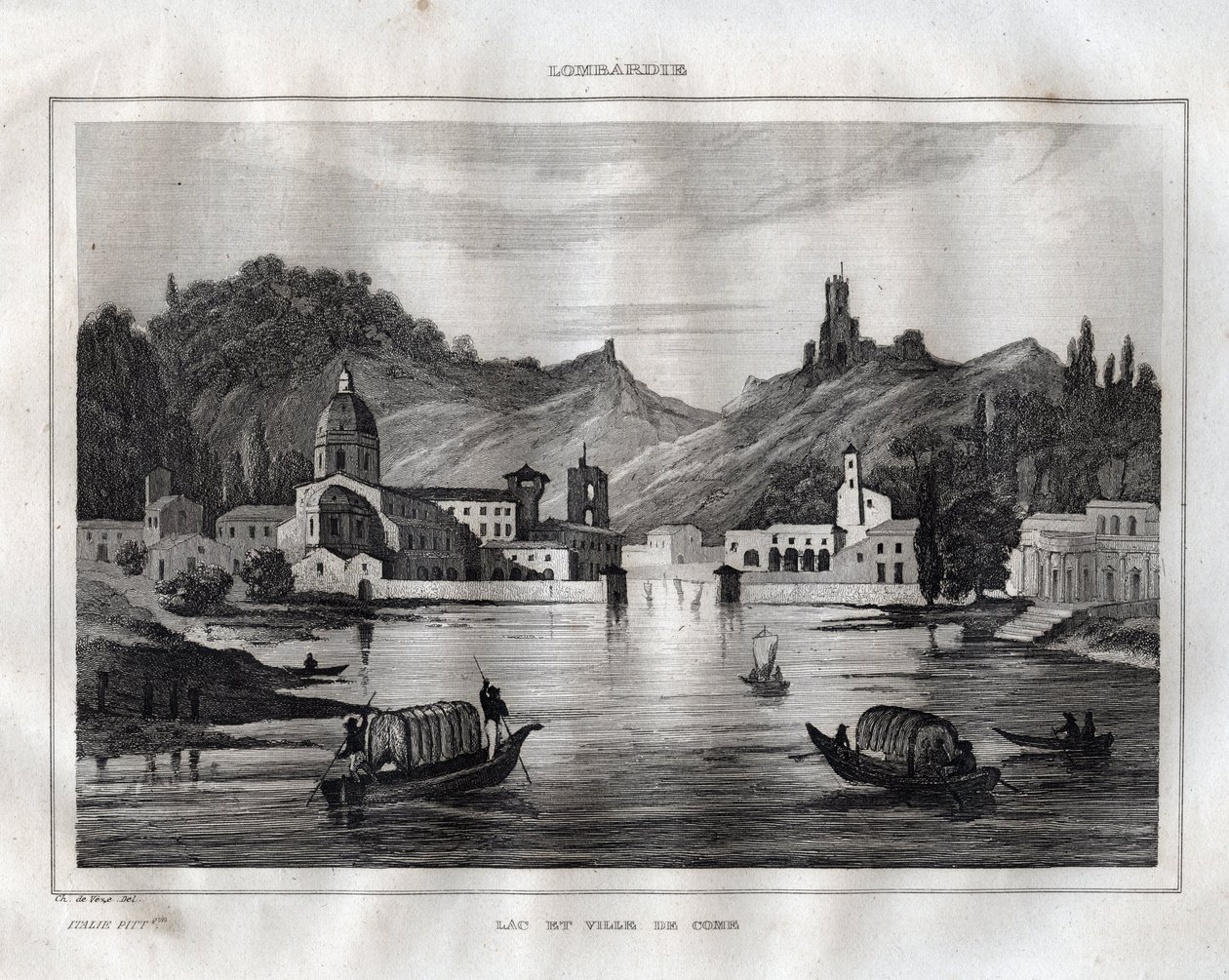 Como - Comosjøen - Lake Come - Gravering fra "" Pittoreske Italia"" av M. de Norvins, Ch. Nodier 1834-1836. av French School