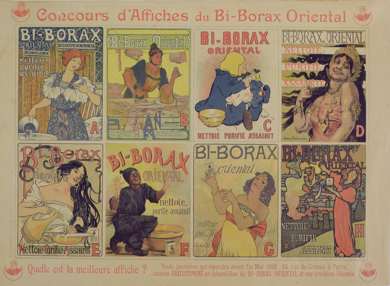 Konkurranse om beste plakat som reklamerer for det franske rengjøringsmidlet Bi-Borax Oriental, 1898 av French School