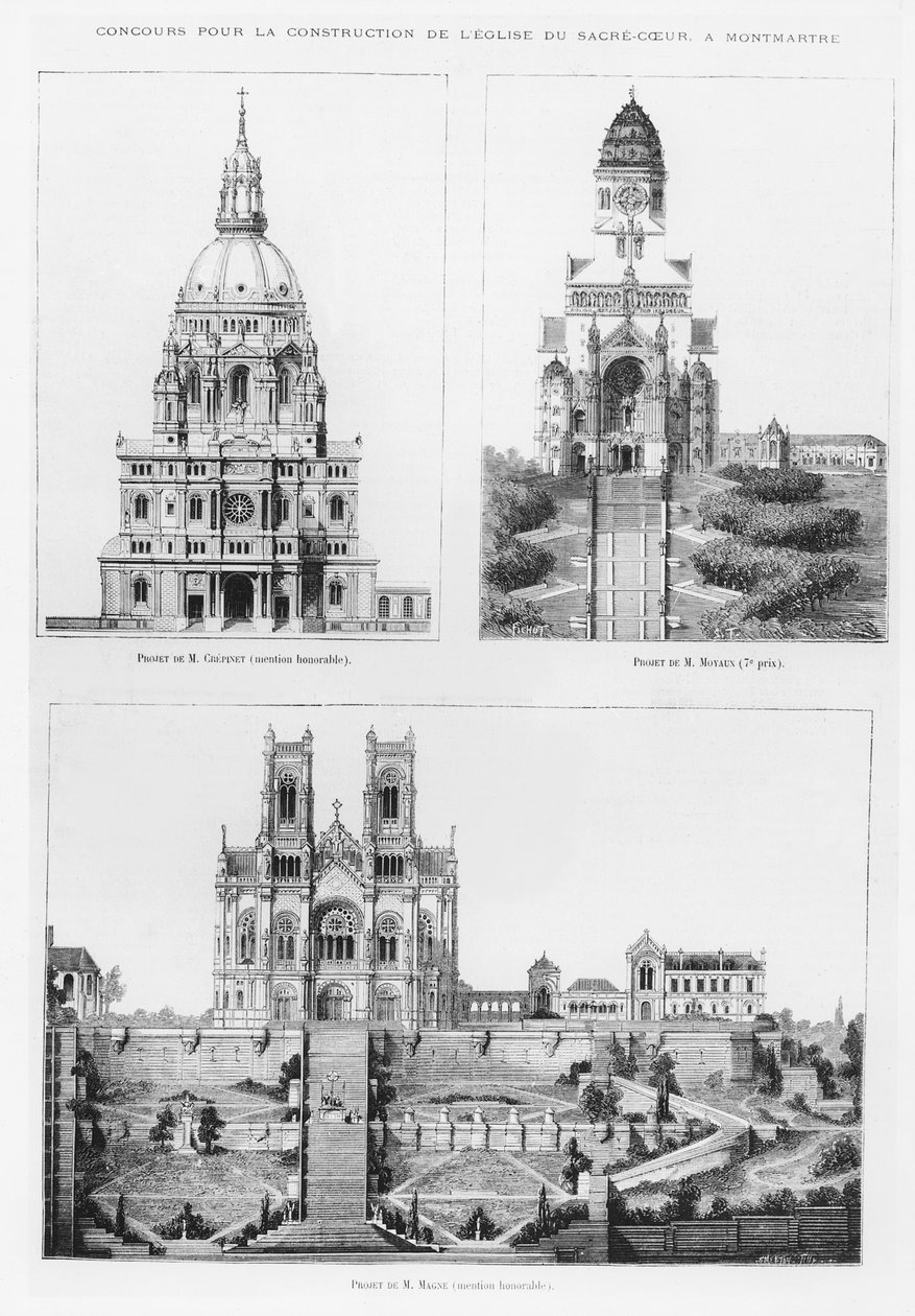 Konkurranse om bygging av basilikaen Sacré-Coeur i Montmartre, design av Monsieur Crépinet, Monsieur Moyaux og Monsieur Magne, 1875 av French School