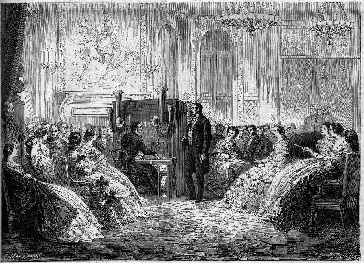 Concert of “piano electromotor orchestra”, by its inventor J.B. Schalkenbach, in the presence of Napoleon III and Impress Eugenie de Montijo. Palais de Saint Cloud av French School