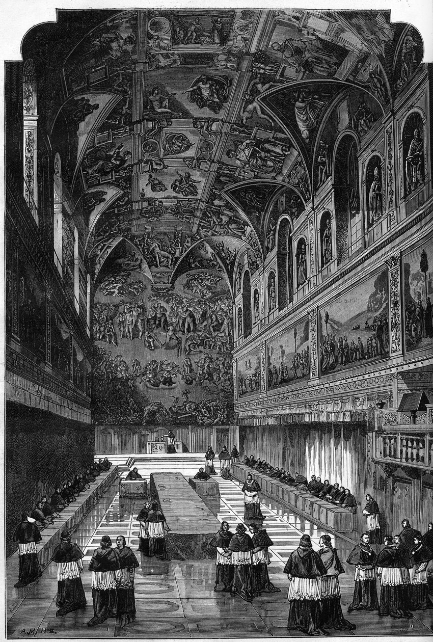 Konklave av 1878: utsikt over det indre av Det sixtinske kapell under avstemningen om å velge pave Pius IXs etterfølger, Leon XIII. Gravering i "" Le Monde Illustré"" n°1095 av 23. mars 1878. av French School