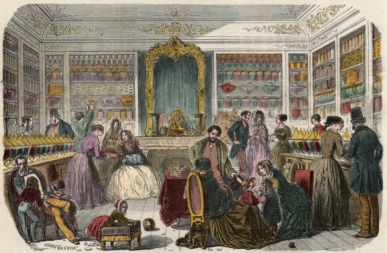 Konditoributikk i Paris på 1800-tallet - Gravering i "Tableau-de-Paris" av Edmond Texier 1852 av French School