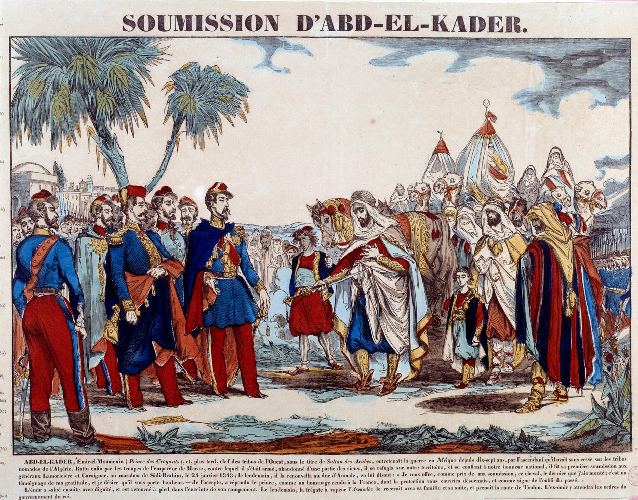 Erobringen av Algerie (1830-1847): underkastelse av Abd el Kader (Abd-el-Kader eller ibn Muhyi al-Din al-Hasani) (1807-1883) til hertugen av Aumale og den franske hæren 24/01 /1848. Gravering av privatsamlingen på slutten av 1800-tallet av French School
