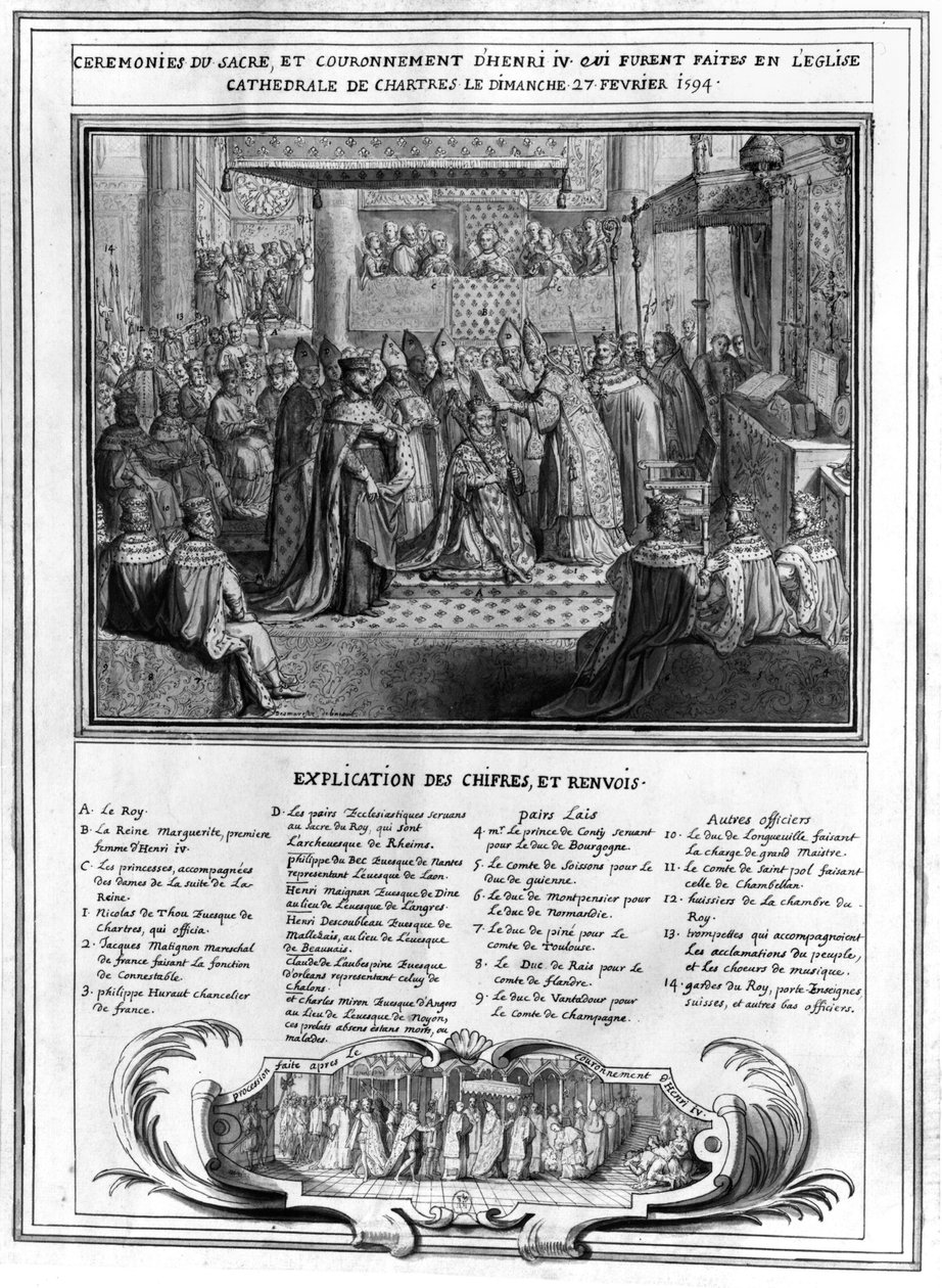 Innvielse og kroning av Henri IV (1553-1610) ved Chartres-katedralen 27. januar 1594, sent på 1500-tallet av French School