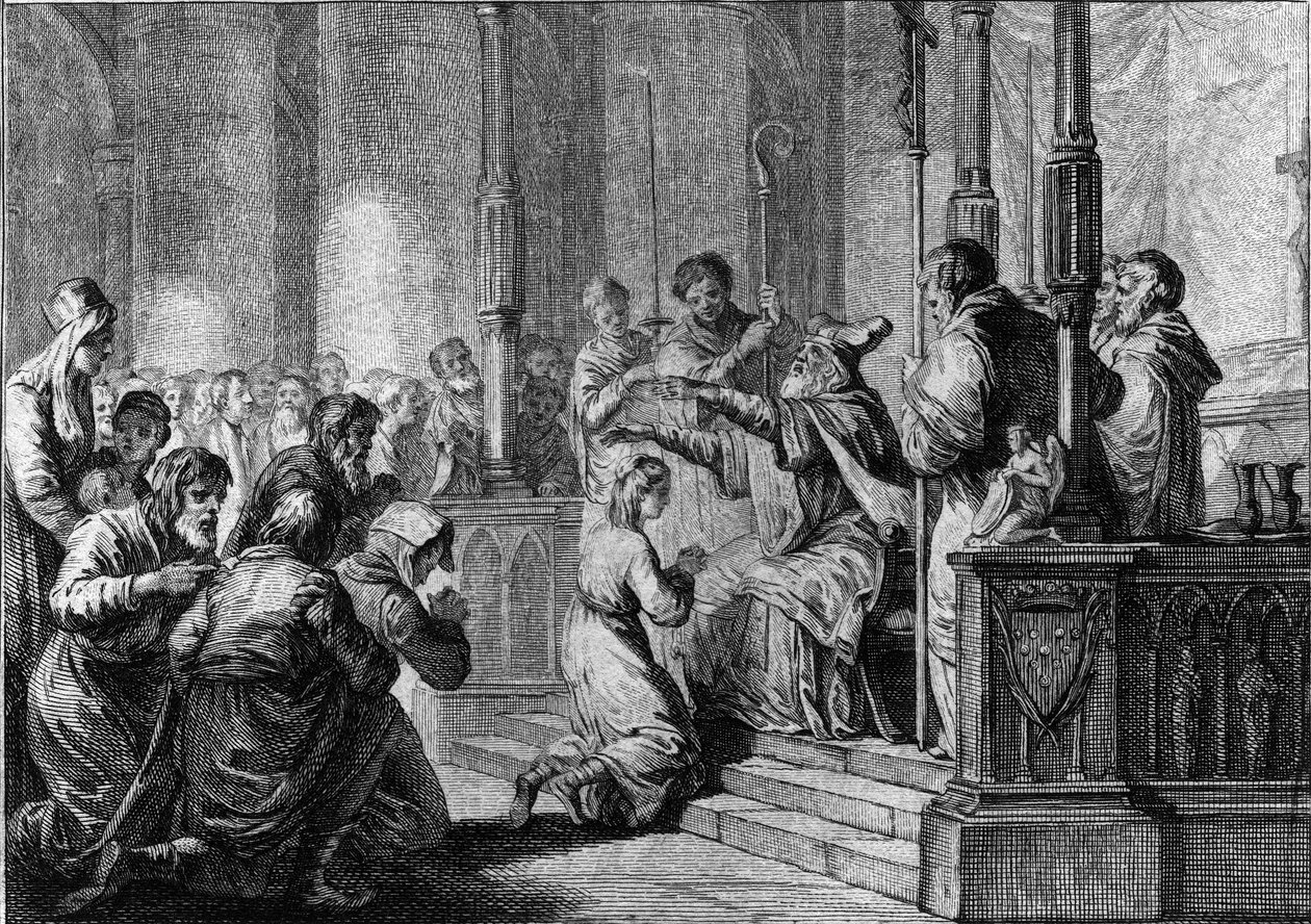 Innvielse av Saint Genevieve, rundt 430: Saint Germain, eveque of Auxerre av French School