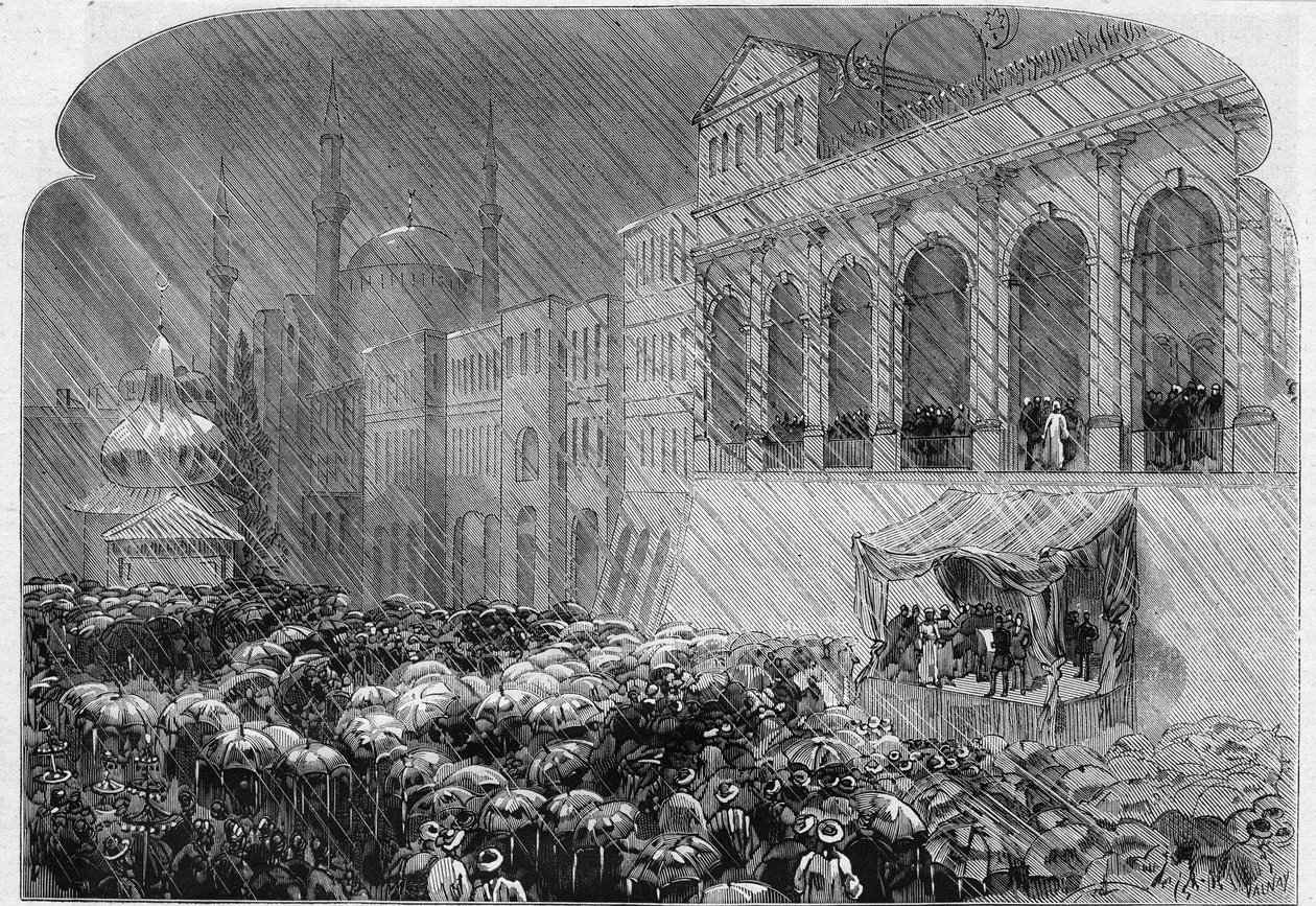 Konstantinopel, 23. desember 1876: proklamasjon av den osmanske grunnloven på gårdsplassen til Sublime Porte. Gravering i "" Le Monde Illustré"" nr. 1031 av 13. januar av French School