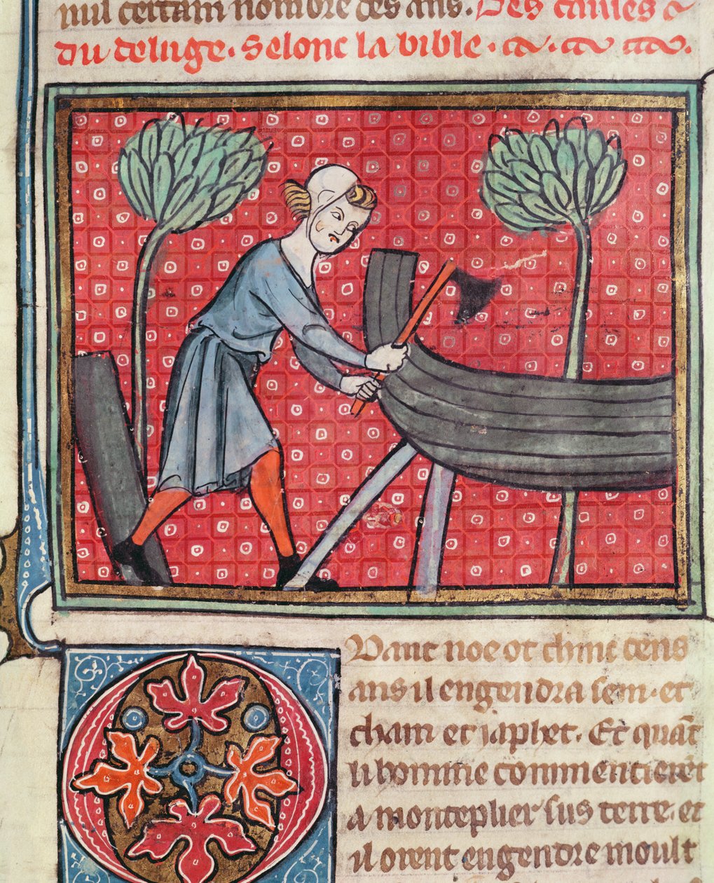 Konstruksjon av en båt, fra Bible Historiale av Guiart des Moulins av French School
