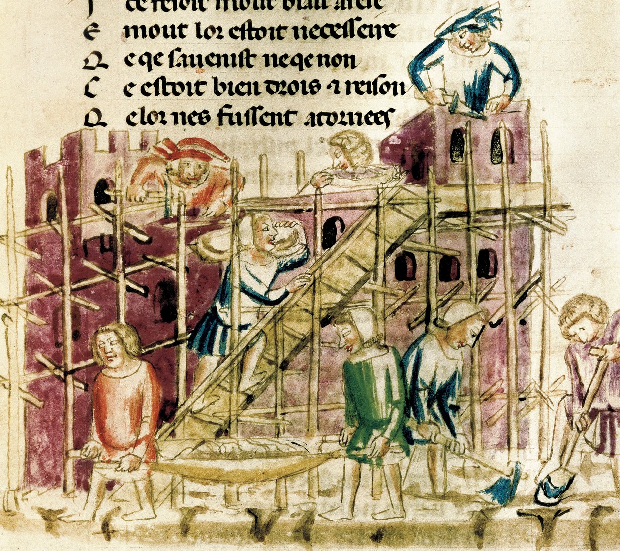 'Konstruksjon av en festning' Miniatyr av et manuskript fra 1300-tallet Paris, BN av French School