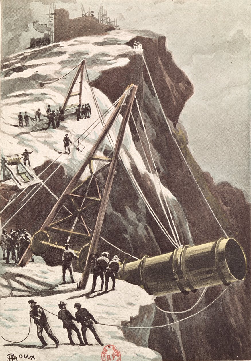 Konstruksjon av en rakettutskytende kanon, fra Fra jorden til månen av Jules Verne (1828-1905) publisert i 1865 av French School