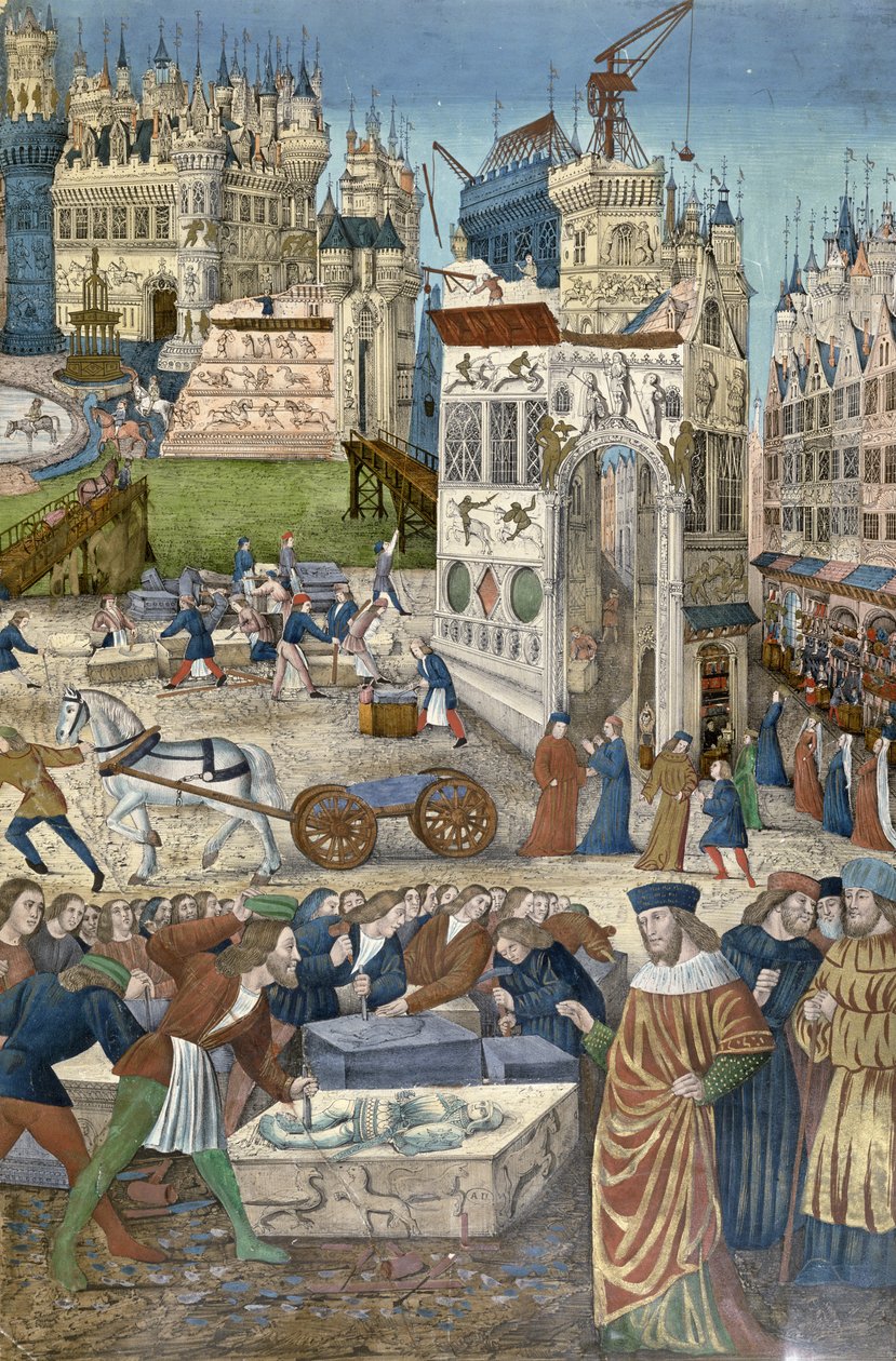 Bygging av Salomos tempel i Jerusalem (fargegravering) av French School