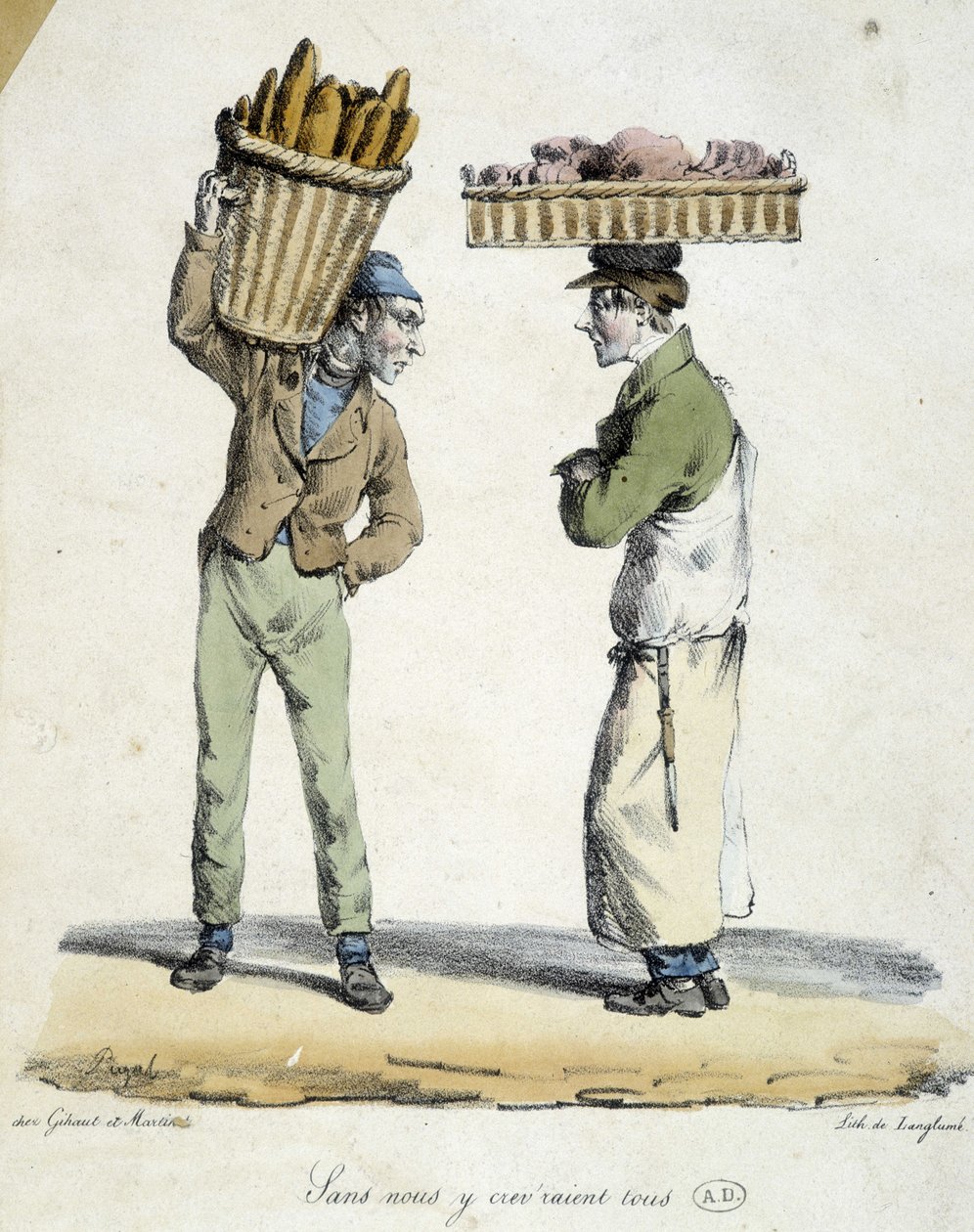 Samtale mellom en baker og en delikatesseforretning: «Uten oss ville vi alle dø! "". Gravering fra 1800-tallet. av French School