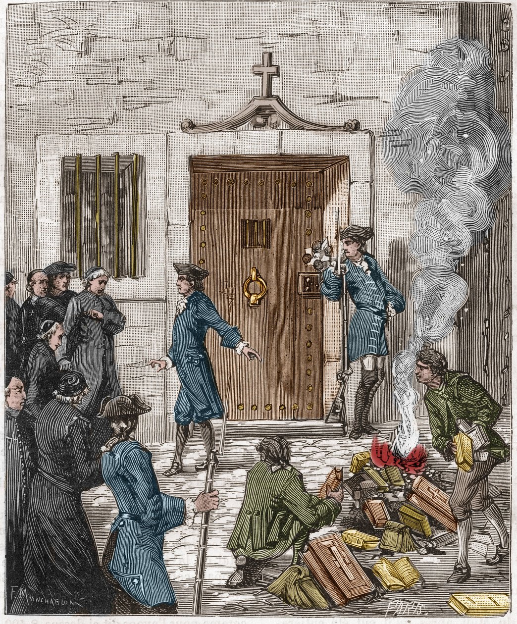 Domfellelse av Societe des Jesuites etter avgjørelsen fra Parlement de Paris av 6. august 1762. Retten beordret at mer enn 24 bøker og bøker laget av jesuitene skulle brennes av bøddelen. Gravering fra 1800-tallet. av French School