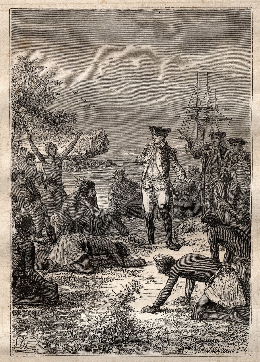 Cooks mottakelse av de innfødte - Tredje reise til James Cook - Cook velkommen av de innfødte - Tredje reise til James Cook i Stillehavet - illustrasjon hentet fra "The Great Mariners of the 18th century" av Jules Verne av French School