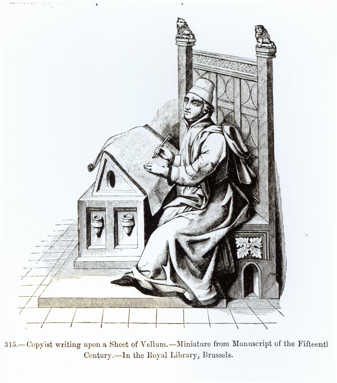 Copyist Writing upon a Sheet of Vellum, fra et manuskript, illustrasjon fra Science and Literature in the Middle Ages and the Renaissance, skrevet og gravert av Paul Lacroix, 1878 (bw s. av French School