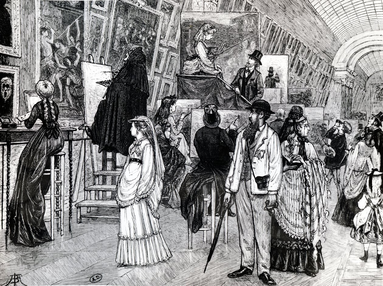Kopister i Grande Galerie of Louvre, ca. 1880 av French School