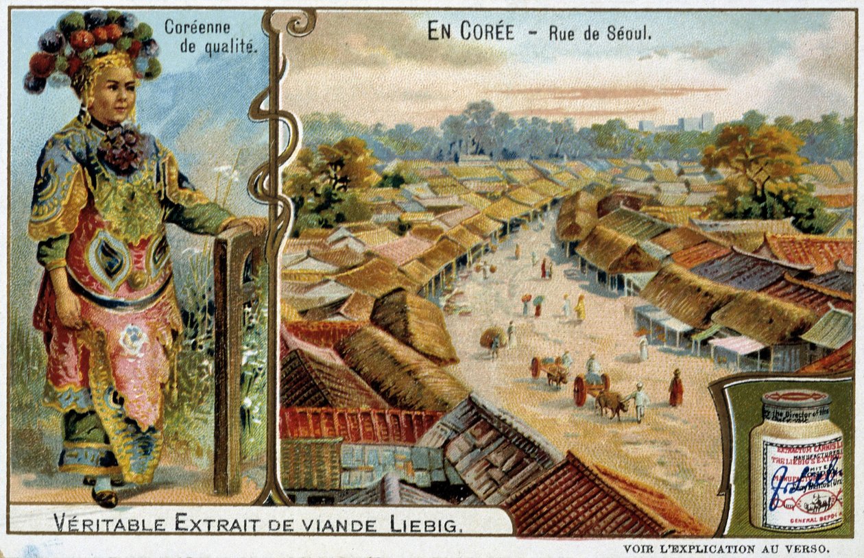 Coree: Seoul Street og kvinnekostyme - chromo Liébig, v.1900 av French School