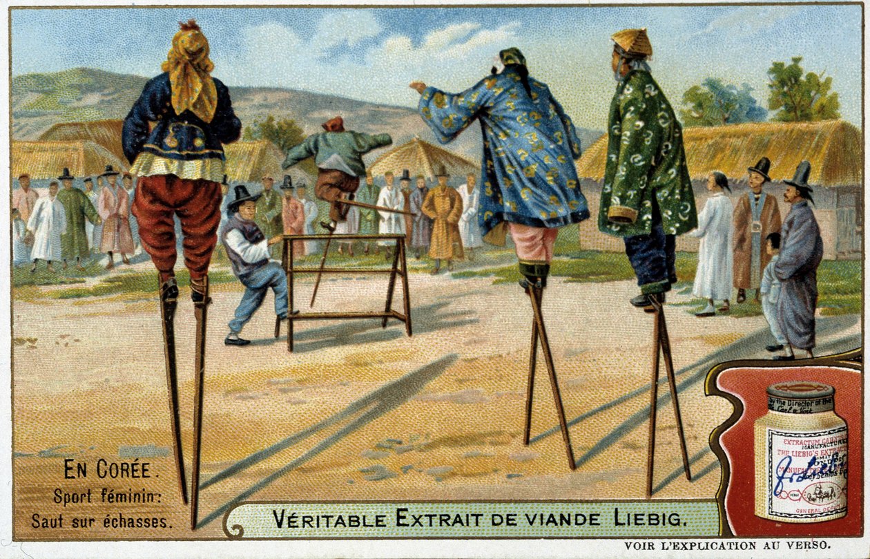 Coree: kvinnelig sport å hoppe på stylter - chromo Liébig, v.1900 av French School