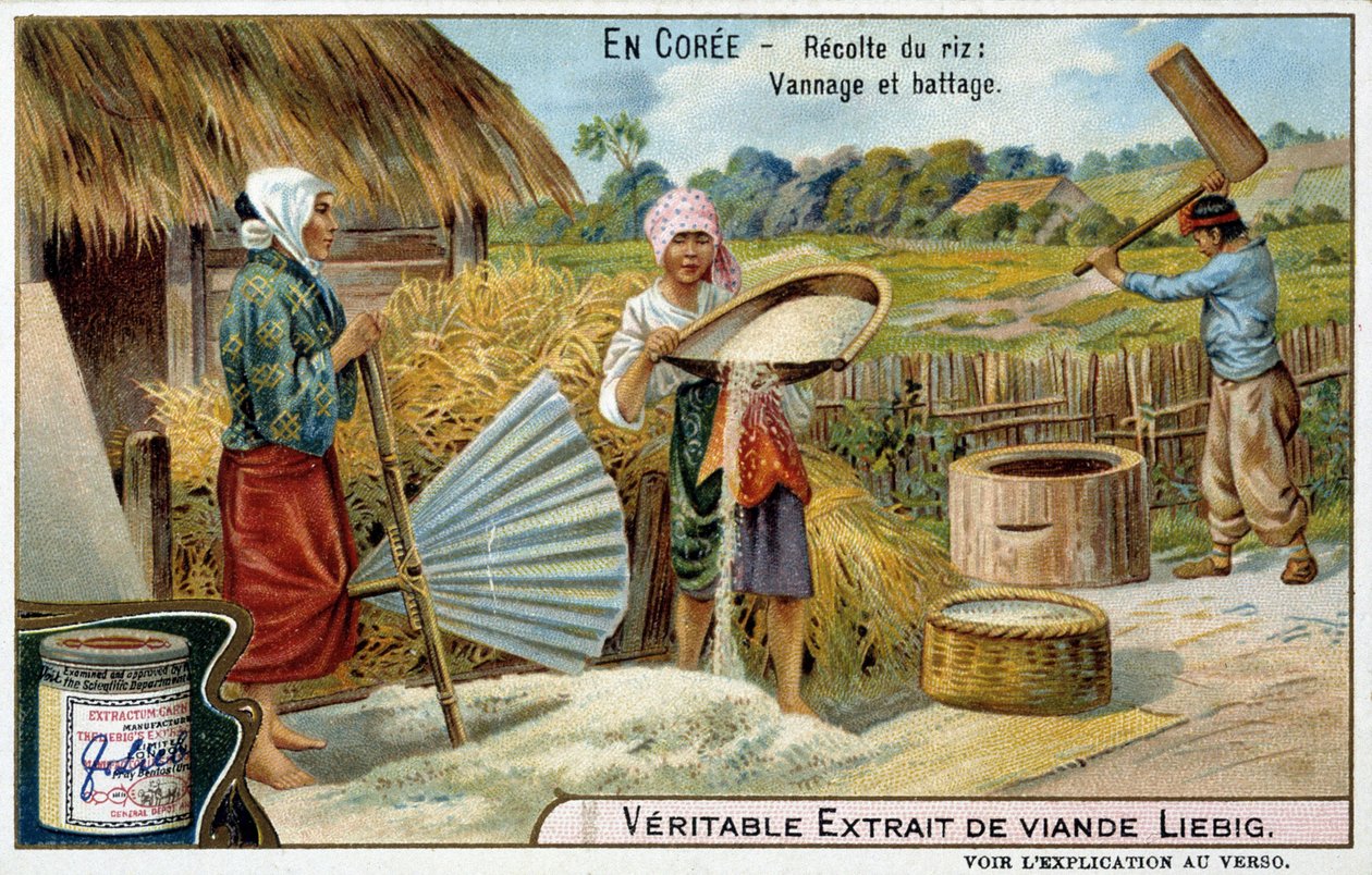 Coree: rishøsting, veving og tresking - chromo. Liébig, v.1900 av French School
