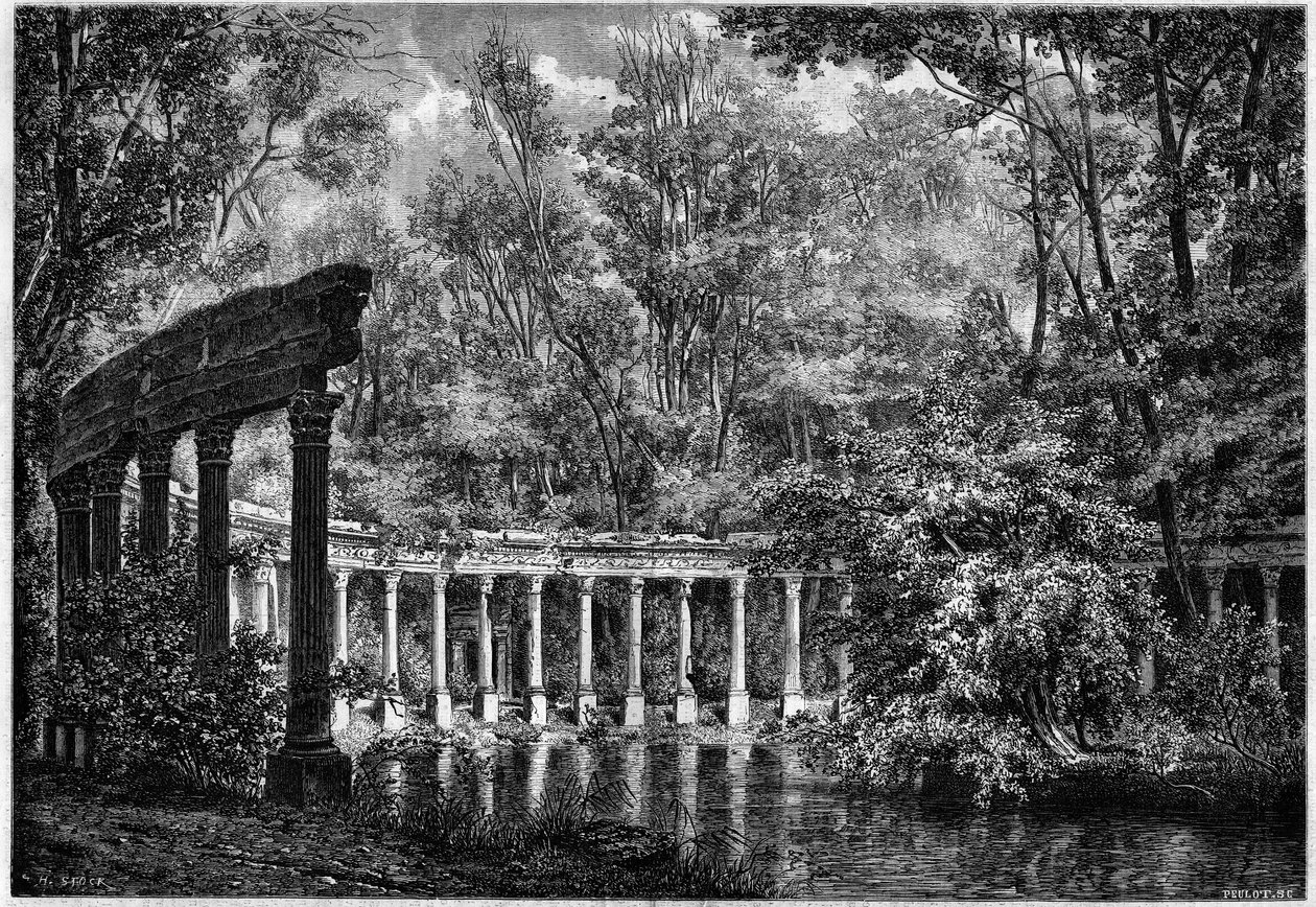 Korintisk søylegang rundt det ovale bassenget i Parc de Monceau, Paris av French School