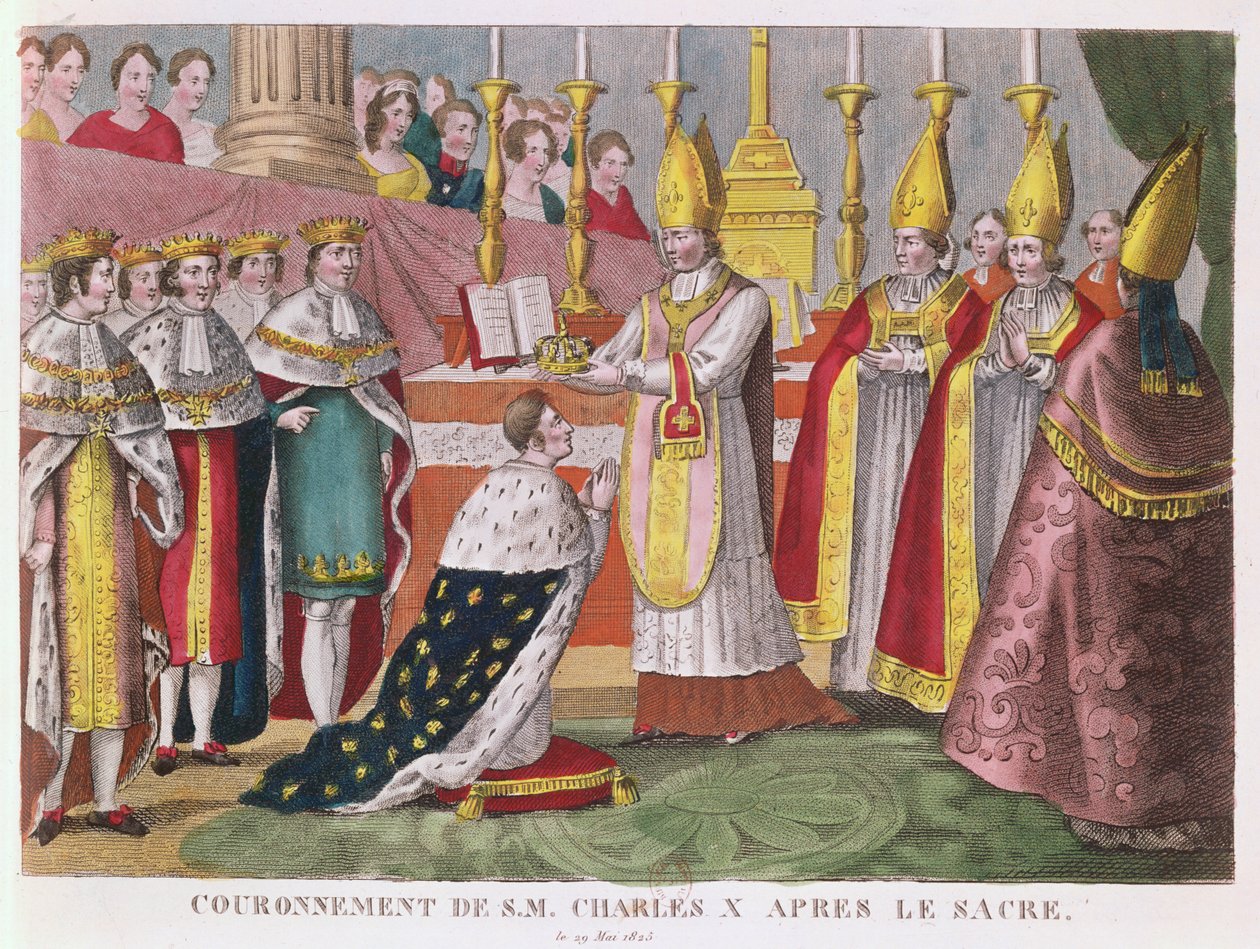 Kroningen av Charles X (1757-1836) i Reims, 29. mai 1825 (fargegravering) av French School