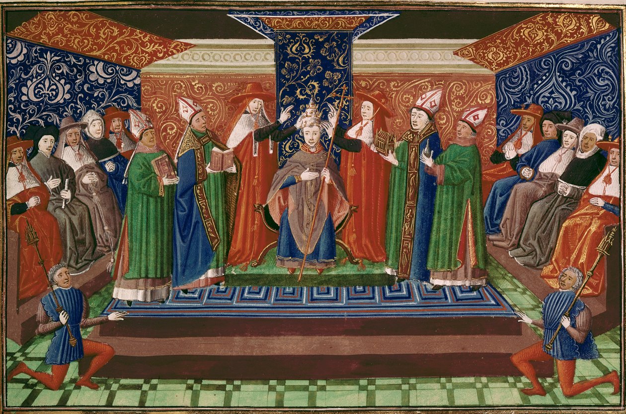 Kroningen av pave Boniface IX, fra Froissarts Chronicle, Vol IV (vellum) av French School