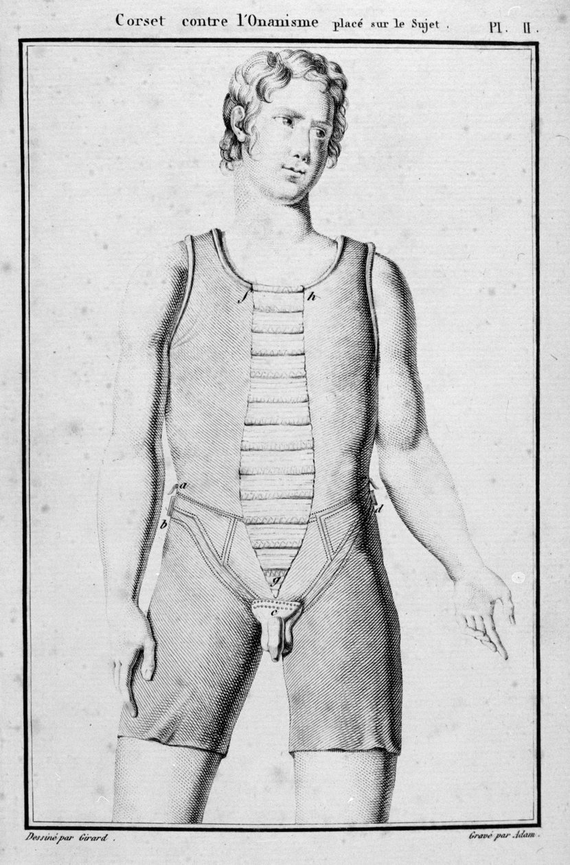 Korsett for å forhindre onanisme, illustrasjon fra Traite des bandages et appliances av JBJ Thillaye, Paris, publisert 1815 av French School