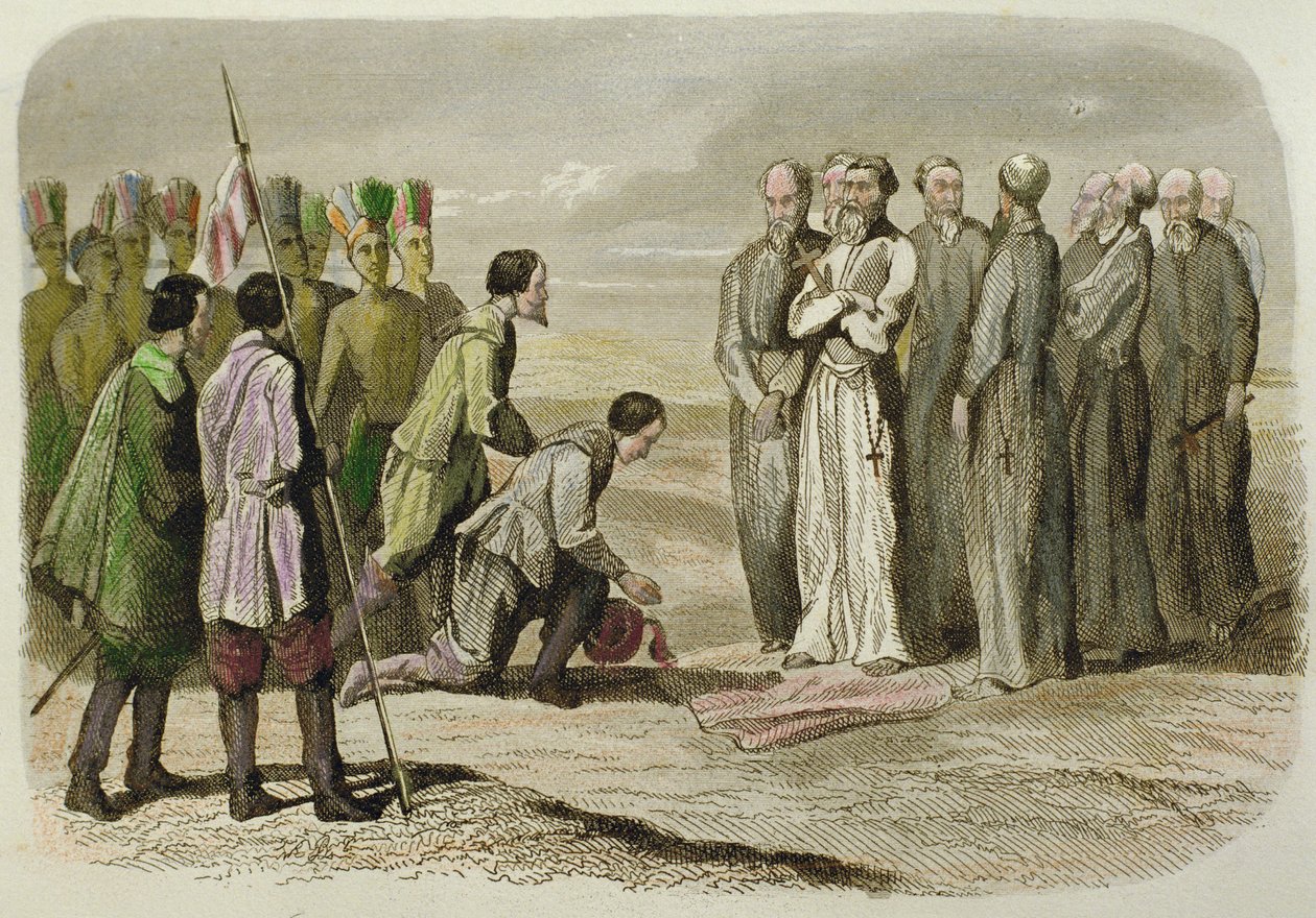 Cortes ved føttene til Martin de Valencia (håndfarget gravering) av French School