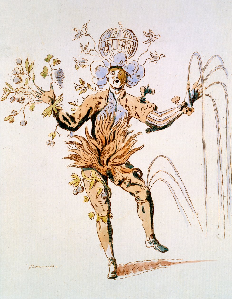 Kostymedesign for de fire elementene i en hoffballett fra 1600-tallet, faksimile laget av Guillaumot fils (håndfarget gravering) av French School