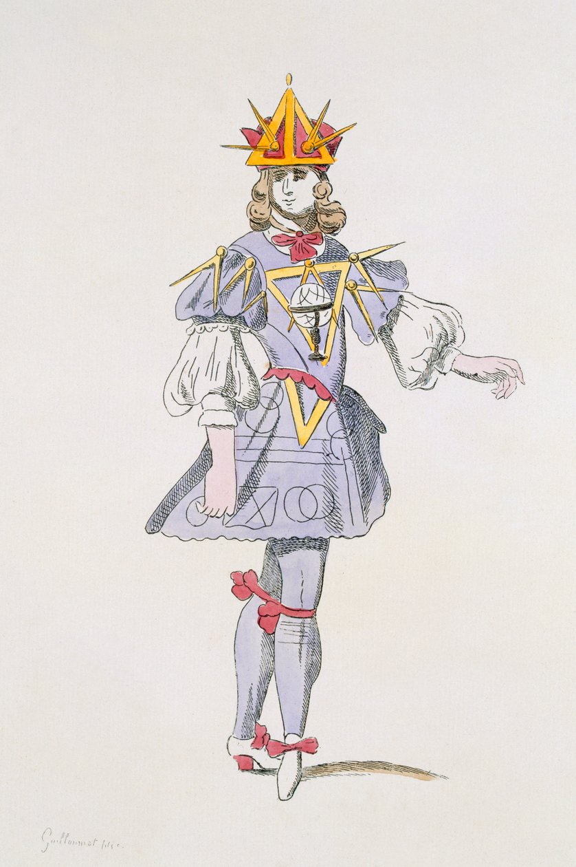 Kostymedesign for geometri i en hoffballett fra 1600-tallet, fra Menus Plaisirs-samlingen, faksimile av A. Guillaumot Fils (fargegravering) av French School