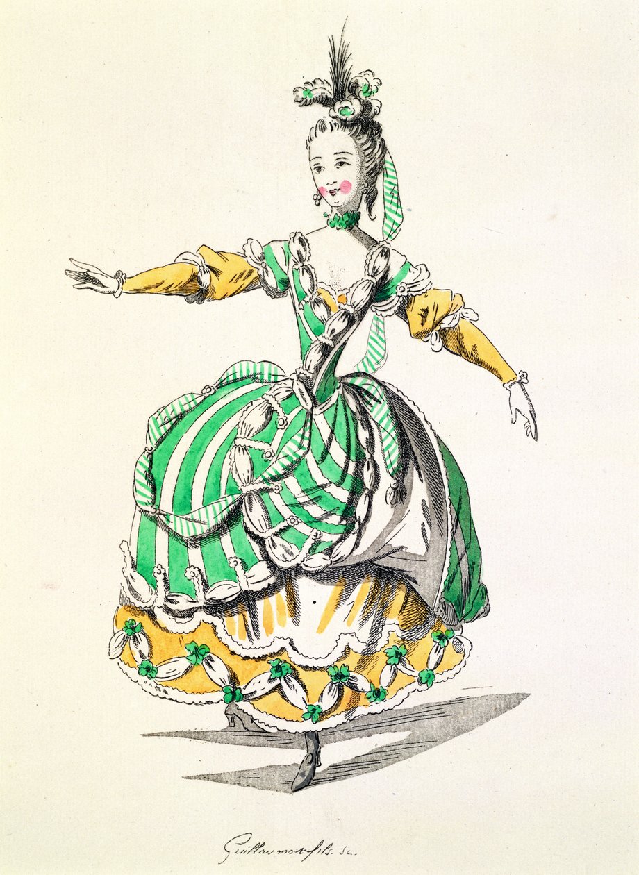 Kostymedesign for Phrygienne, i Dardanus, en libretto av Leclerc de Labruere, komponert av Jean-Philippe Rameau (1683-1764) faksimile av A. Guillaumot Fils (fargegravering) av French School