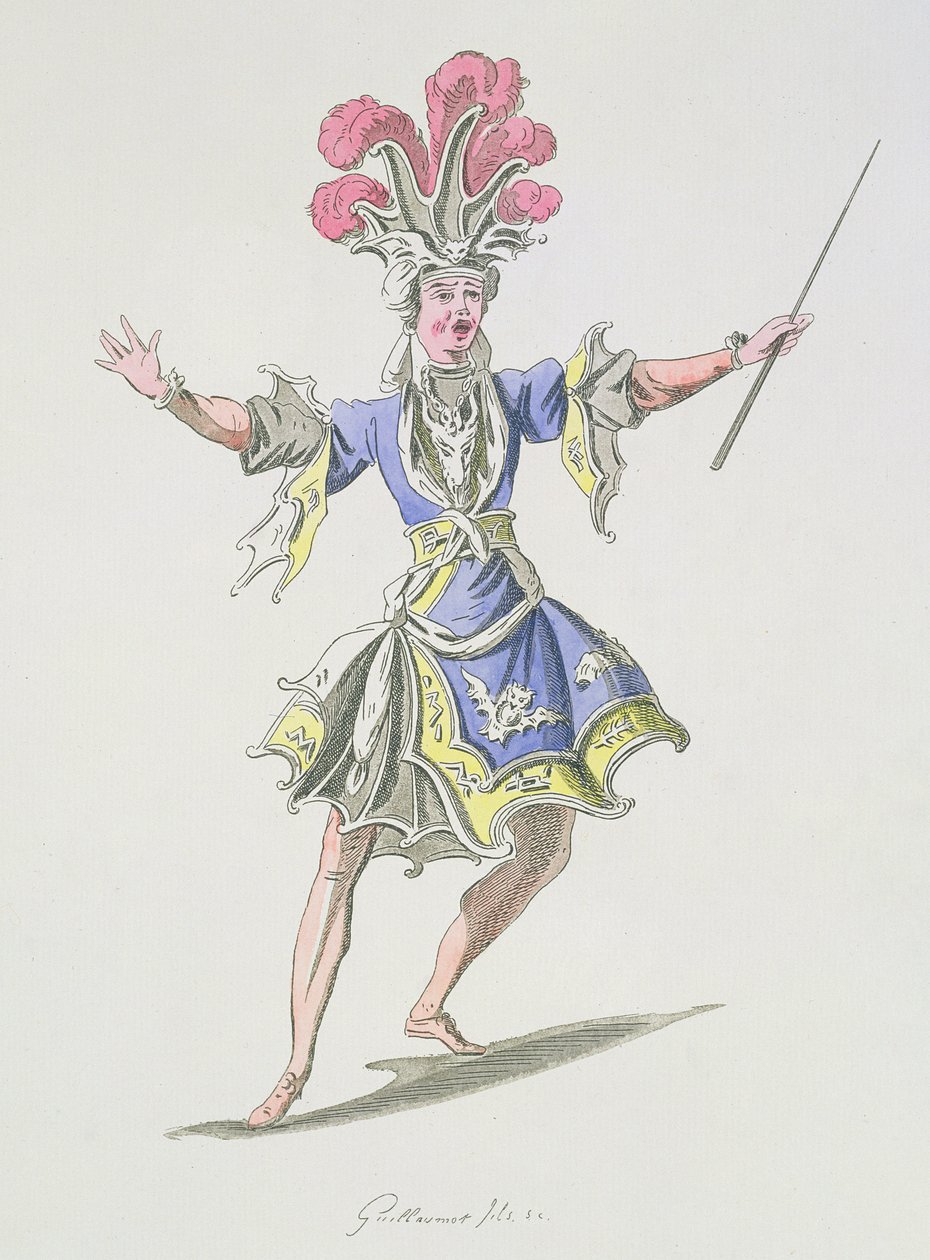 Kostymedesign for magikeren, i Dardanus, en libretto av Leclerc de Labruere, komponert av Jean-Philippe Rameau (1683-1764) faksimile av A. Guillaumot Fils (fargegravering) av French School