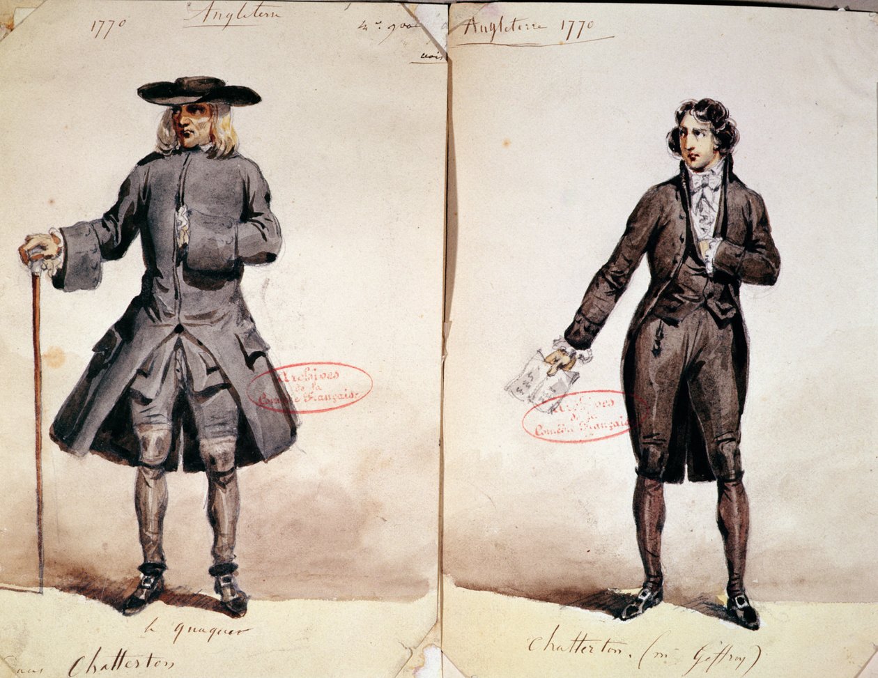 Kostymedesign for den første produksjonen av Chatterton av Alfred de Vigny (1791-1863): Quaker og Geffroy som Chatterton, 1835 (wc på papir) av French School